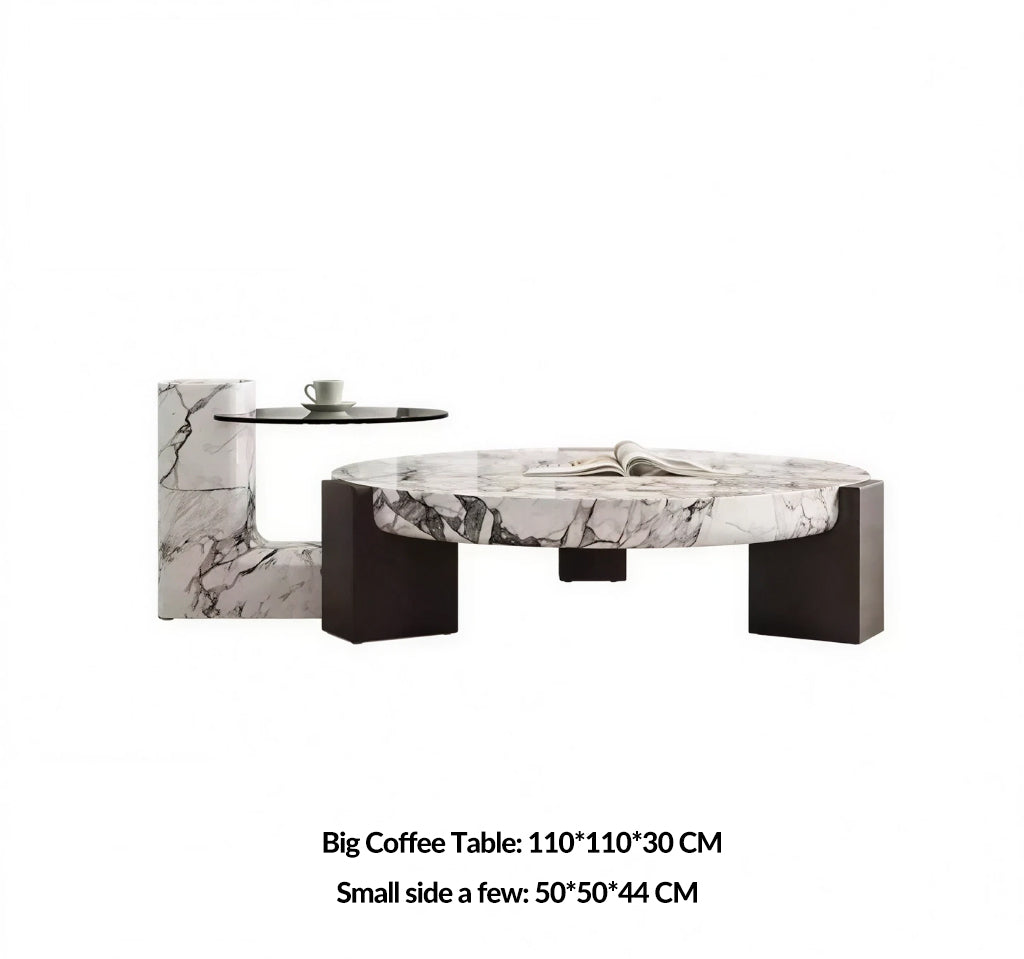 Round Top Coffee Table in Calacatta Viola & Black Marquina Marble for Living Room