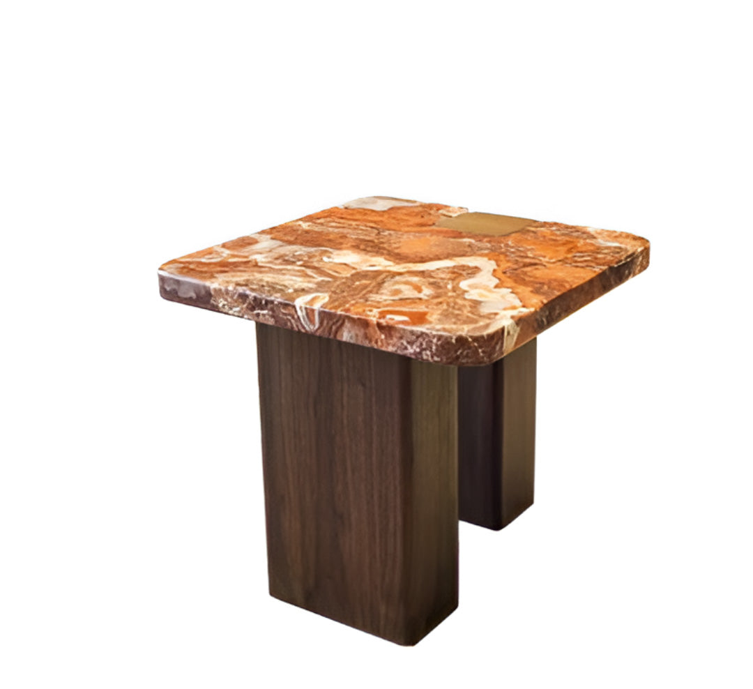 Red Marble Geometric Coffee Table Round & Square Fusion with wooden Base for Living Room