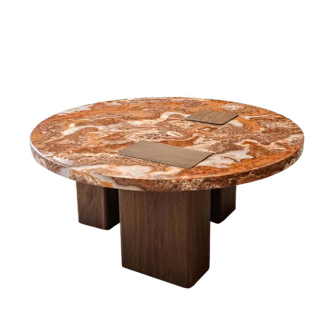 Red Marble Geometric Coffee Table Round & Square Fusion with wooden Base for Living Room