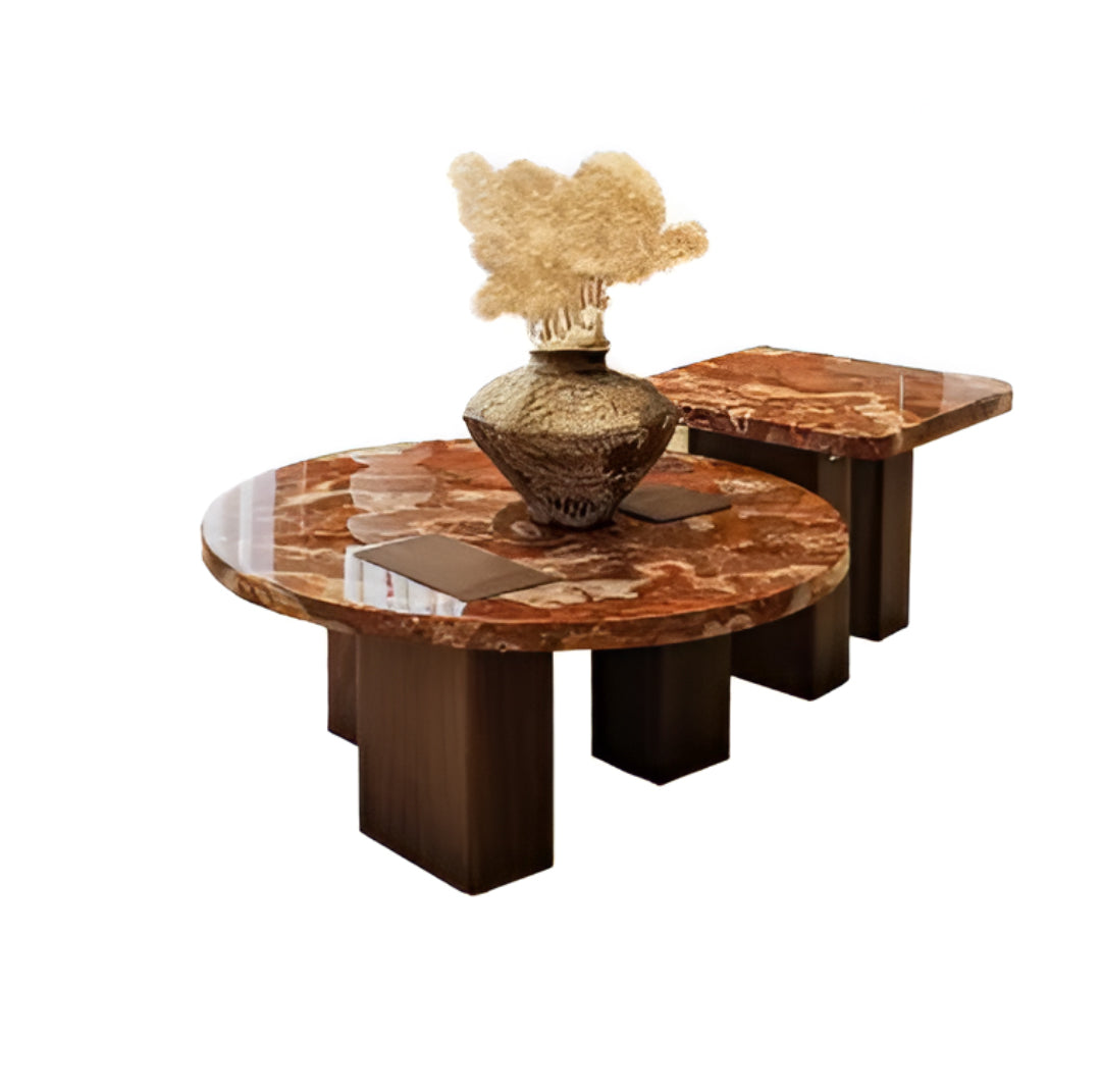 Red Marble Geometric Coffee Table Round & Square Fusion with wooden Base for Living Room