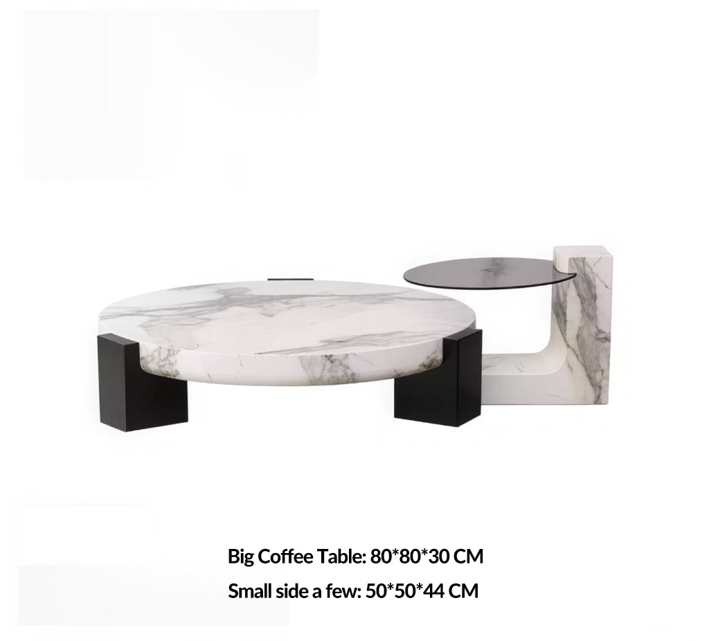 Round Top Coffee Table in Calacatta Viola & Black Marquina Marble for Living Room