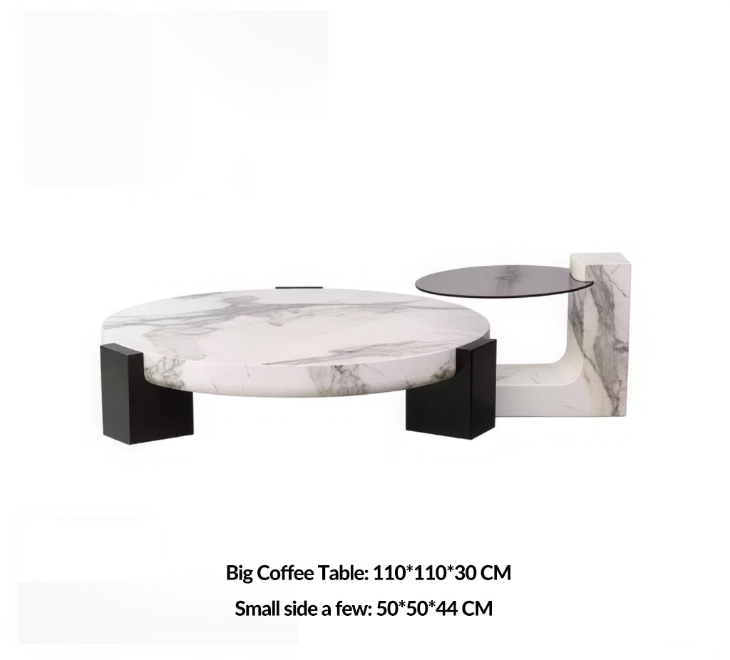 Round Top Coffee Table in Calacatta Viola & Black Marquina Marble for Living Room