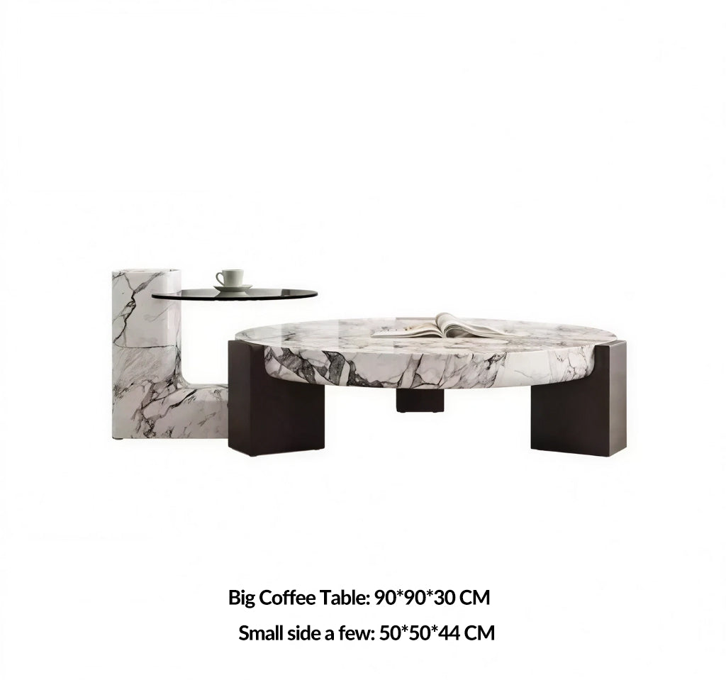 Round Top Coffee Table in Calacatta Viola & Black Marquina Marble for Living Room