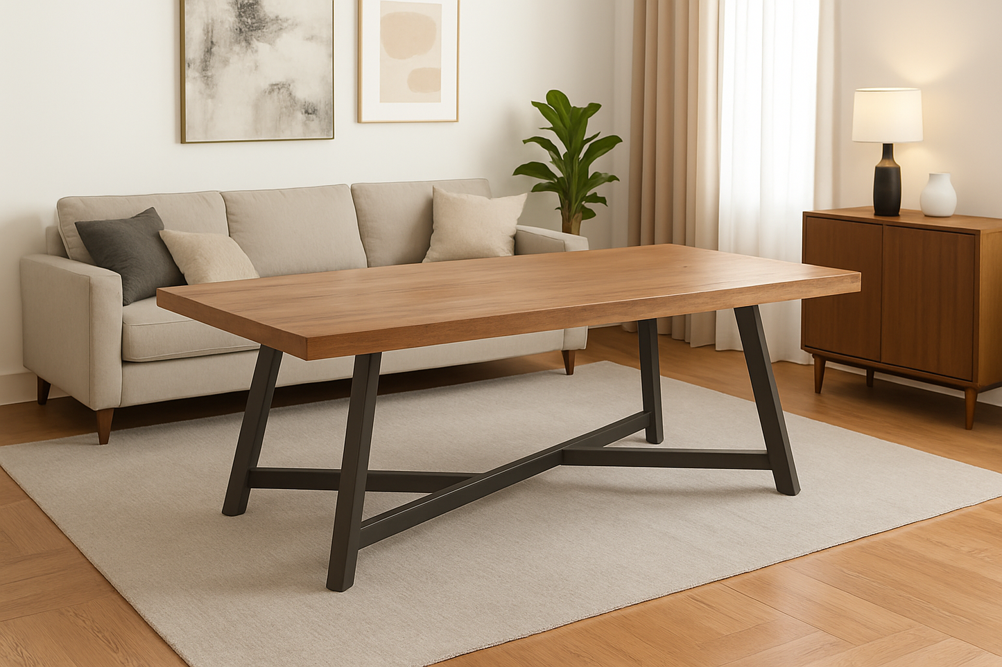Solid Wood Rectangular Dining Table with Adjustable Metal Legs for Large Kitchens & Homes