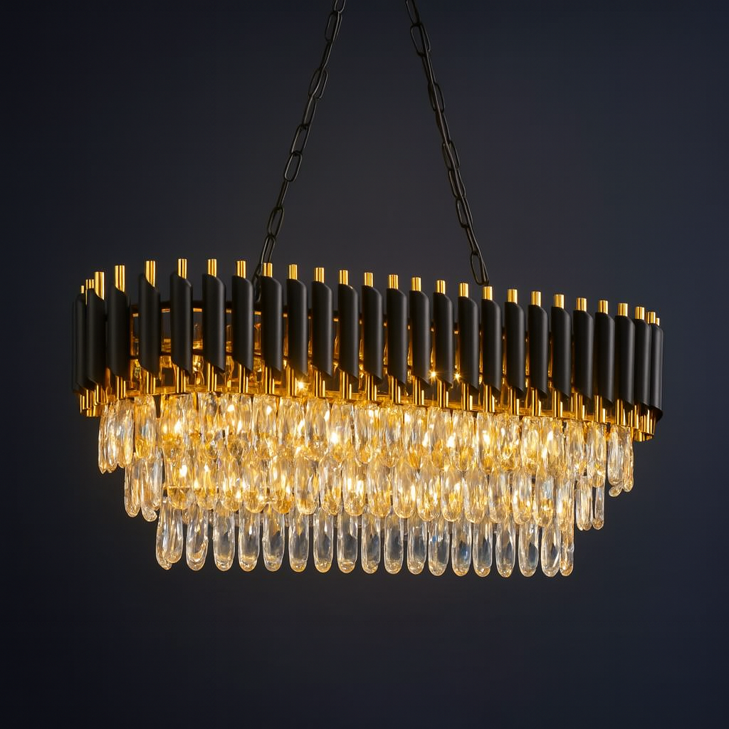Luxury 3-Tier K9 Oval Black Gold Crystal Chandelier for Dining, Living & Bedrooms