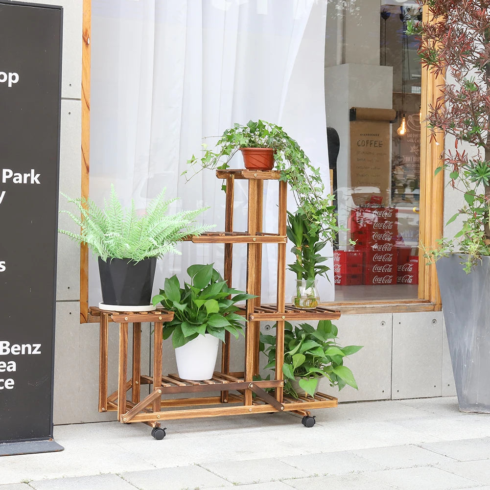 Multi-Layer Wooden Plant Rack with Wheels