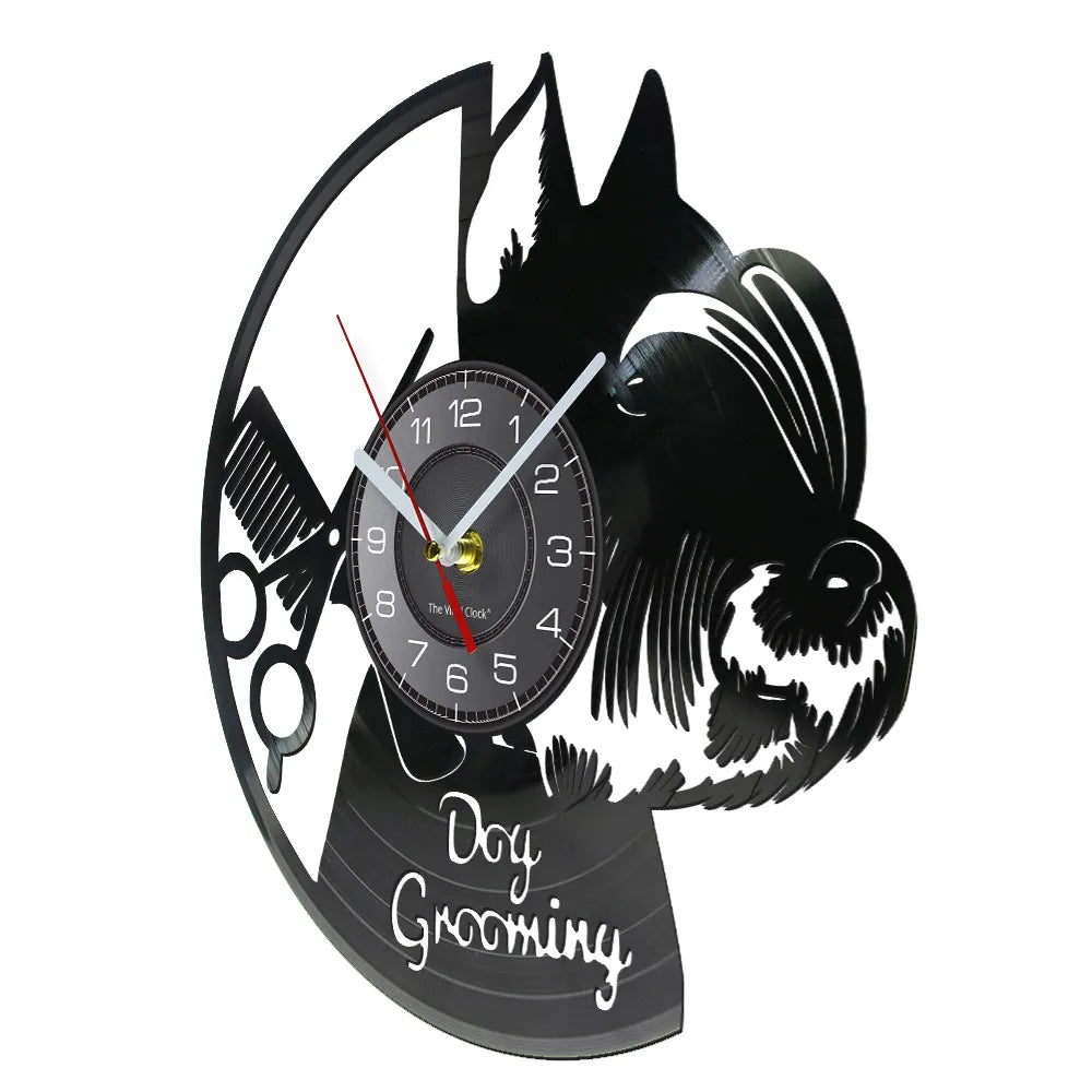 Dog Grooming Salon Vinyl Record Wall Clock Home Art Decor Scottish Terrier Puppy Dog Craft Wall Watch