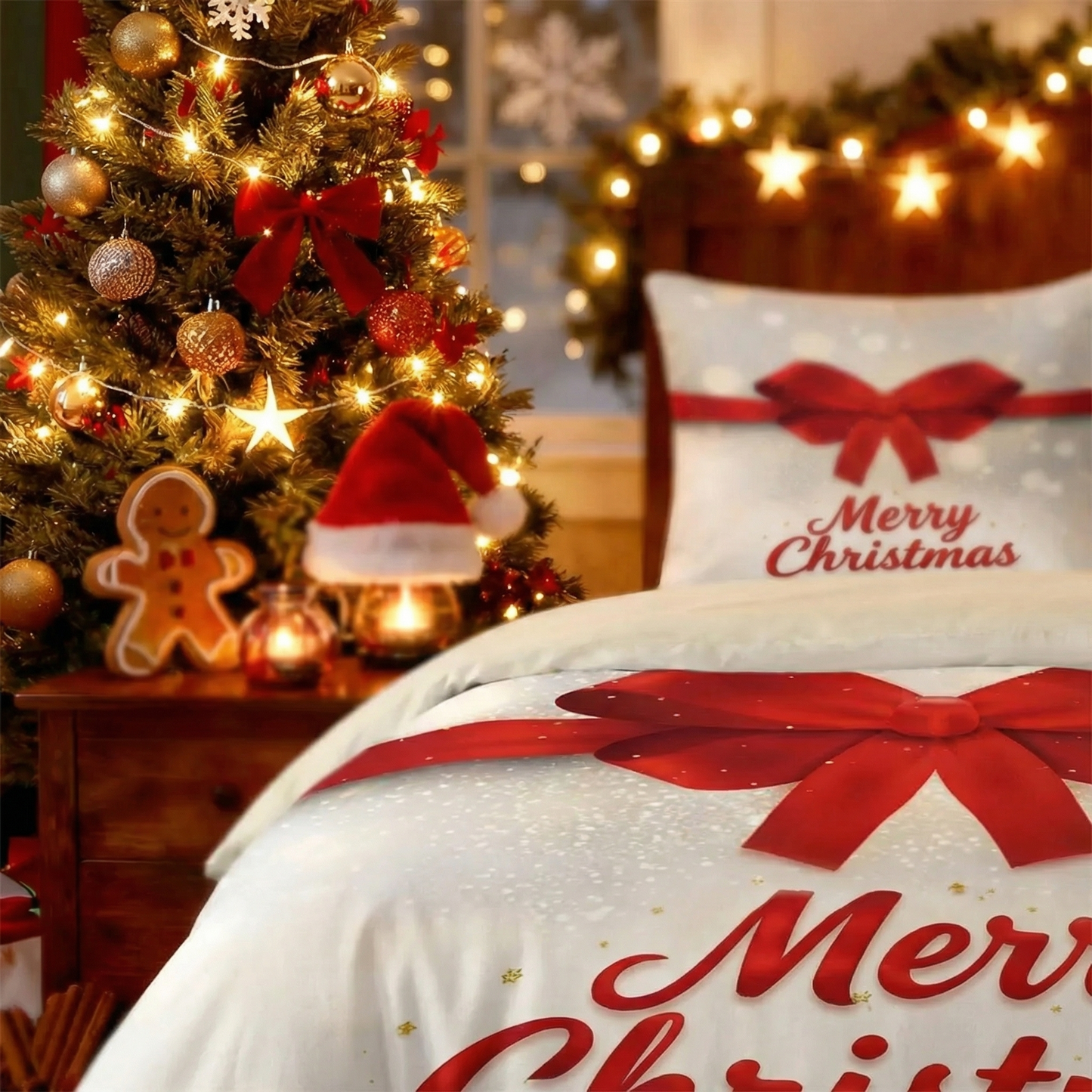 Merry Christmas Bedding Set Red Bow Print Multi Size Holiday Collection