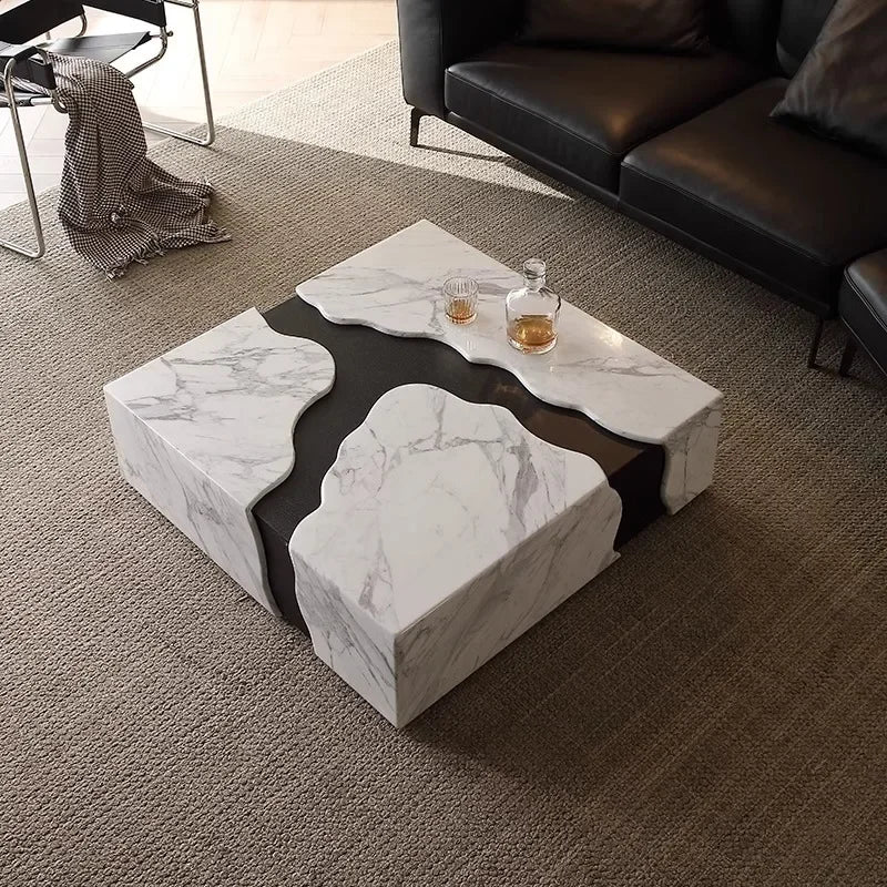 Square Marble Coffee Table With Water Flow Design for Living Room