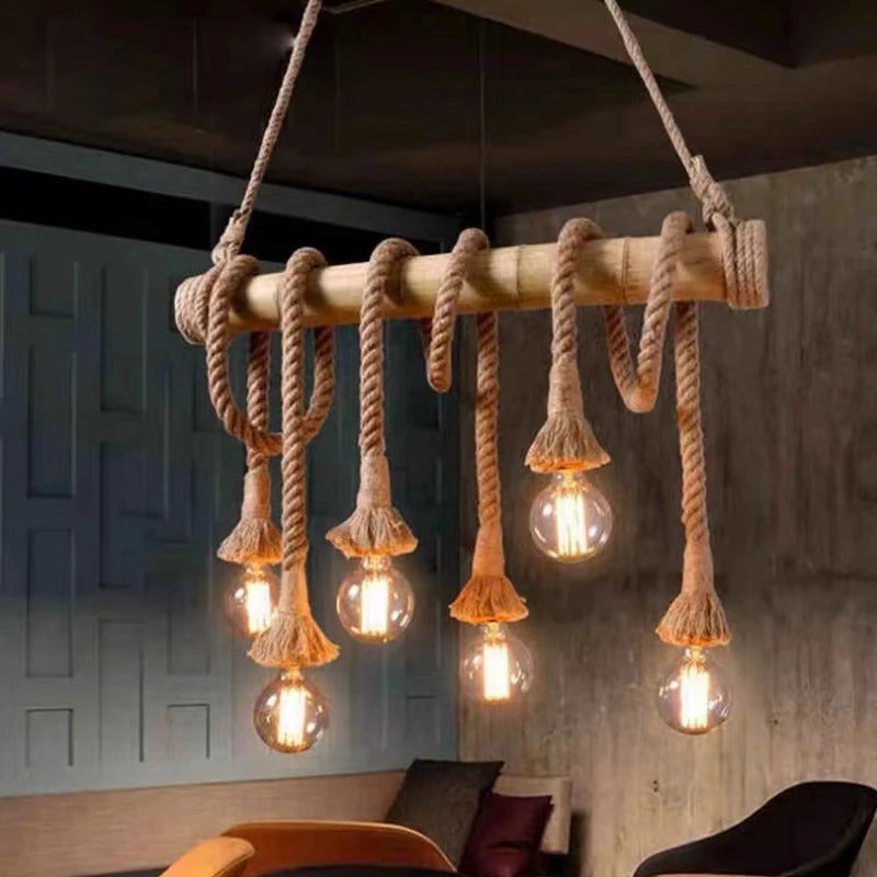 Rope Pendant Light RP0005 Vintage Bamboo Chandelier for Kitchens & Industrial Spaces