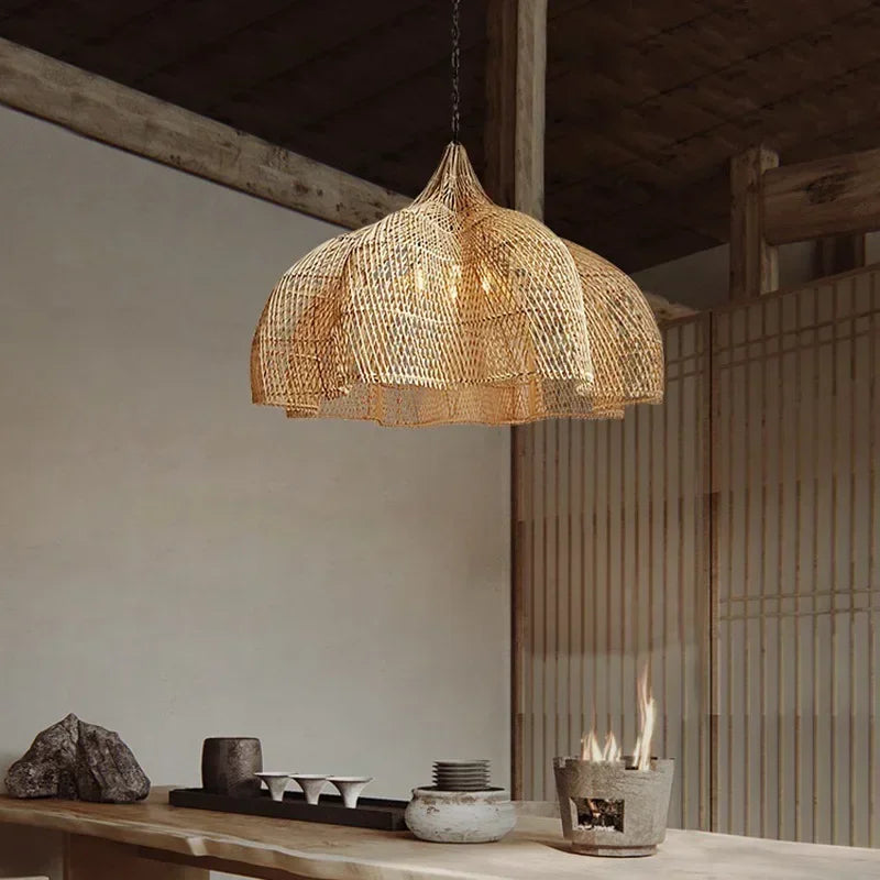 Luxury Rattan Chandelier – Japanese Retro Style Pendant Lighting for Living Rooms