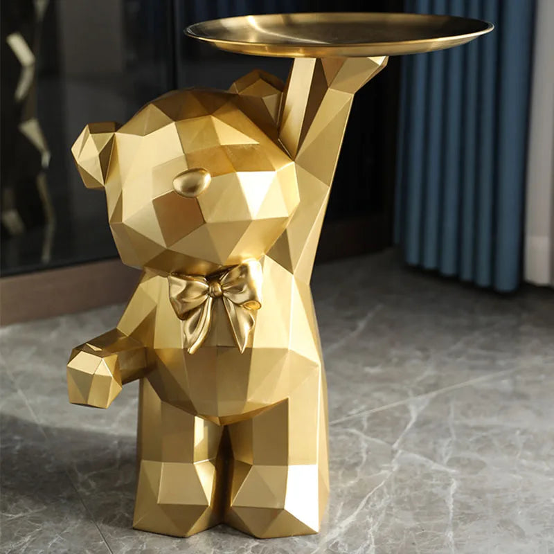 Geometric Cartoon Bear Sculpture with Tray – Stylish Animal Ornament for Modern Homes