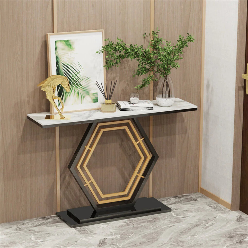 Gold & Black Metal Base Marble Console Table 120cm for Living Room or Entryway