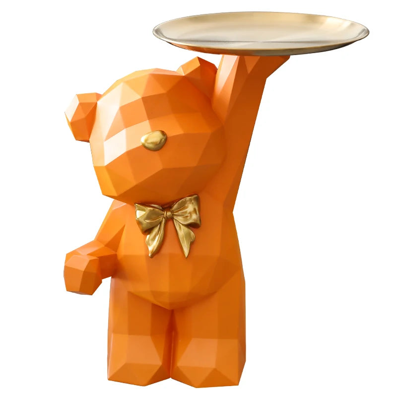Geometric Cartoon Bear Sculpture with Tray – Stylish Animal Ornament for Modern Homes