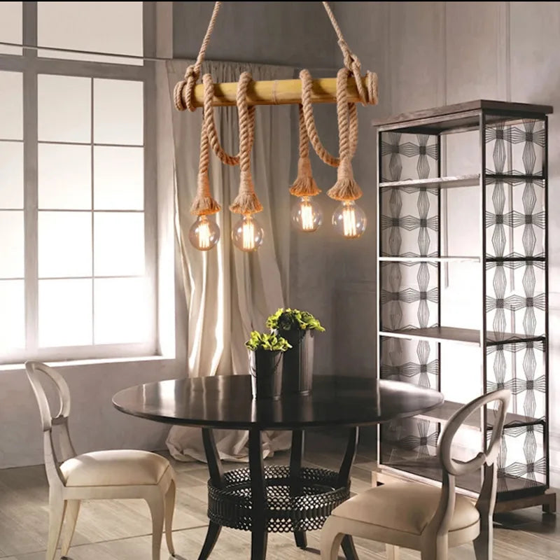 Rope Pendant Light RP0005 Vintage Bamboo Chandelier for Kitchens & Industrial Spaces