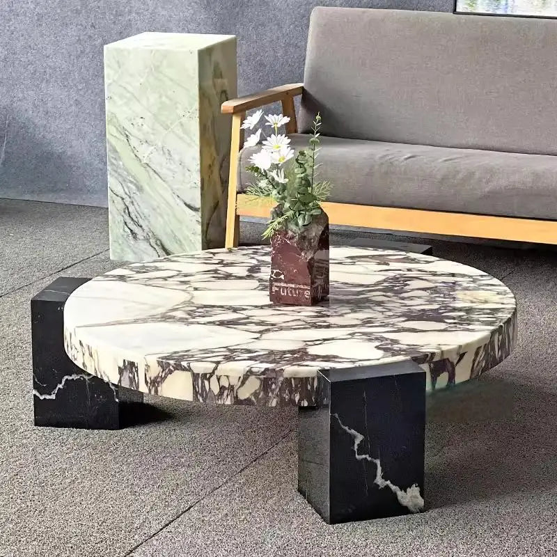Round Top Coffee Table in Calacatta Viola & Black Marquina Marble for Living Room