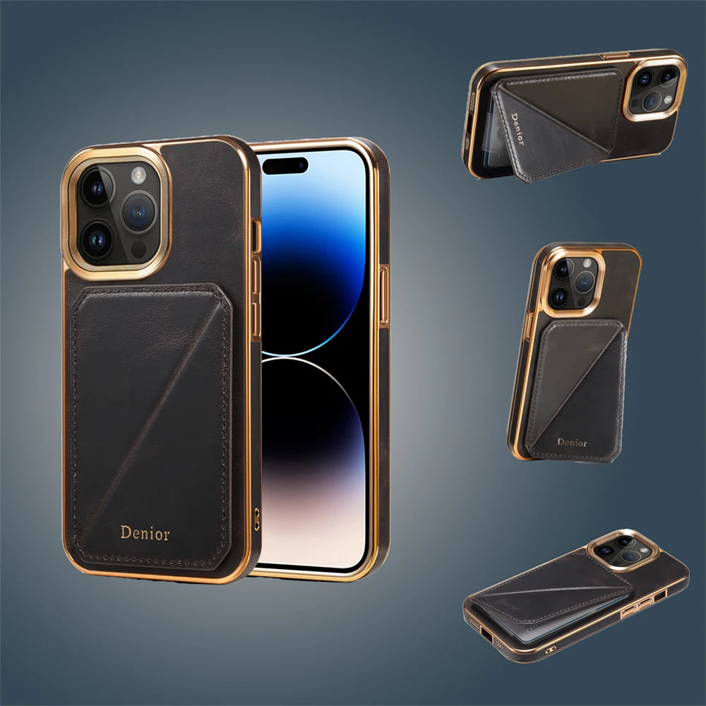 Timeless Vintage Genuine Oil Wax Leather Case: Luxe Card Holder & Stand for iPhone 15 Pro Max, 14, 13, 12 Plus & 15 Pro – Soft Shockproof Elegance!