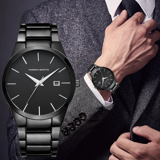 Luxury Calendar Quartz Sports Watch Stainless Steel, Full Black, Waterproof-Top Brand Elegance for Men