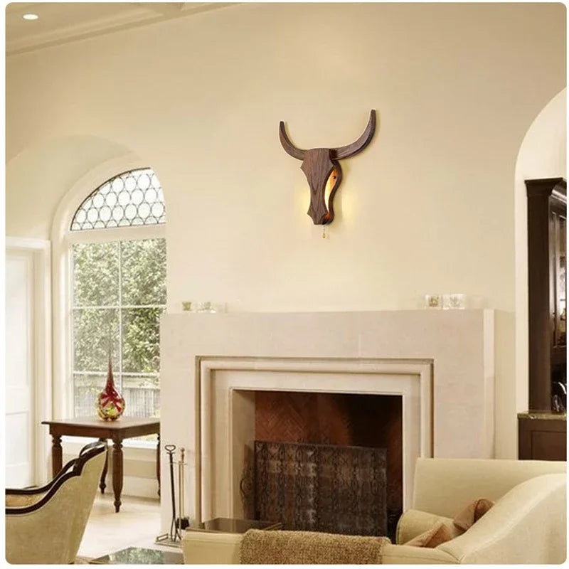 Unique Home Decor Wall Lamp – Nordic Wooden Bull & Elephant Animal Head Light Fixture