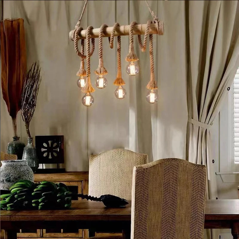 Rope Pendant Light RP0005 Vintage Bamboo Chandelier for Kitchens & Industrial Spaces