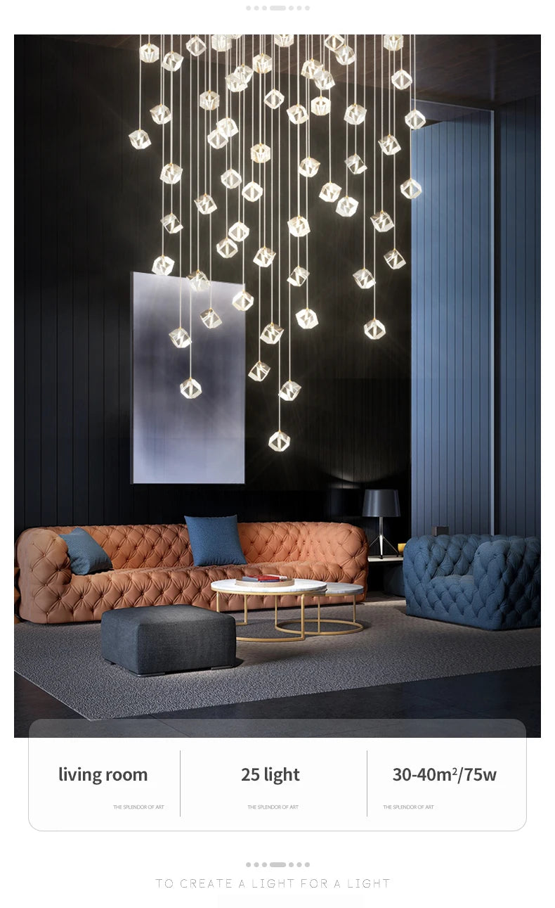 LED Square Crystal Chandelier for Hotels, Restaurants, and Staircases