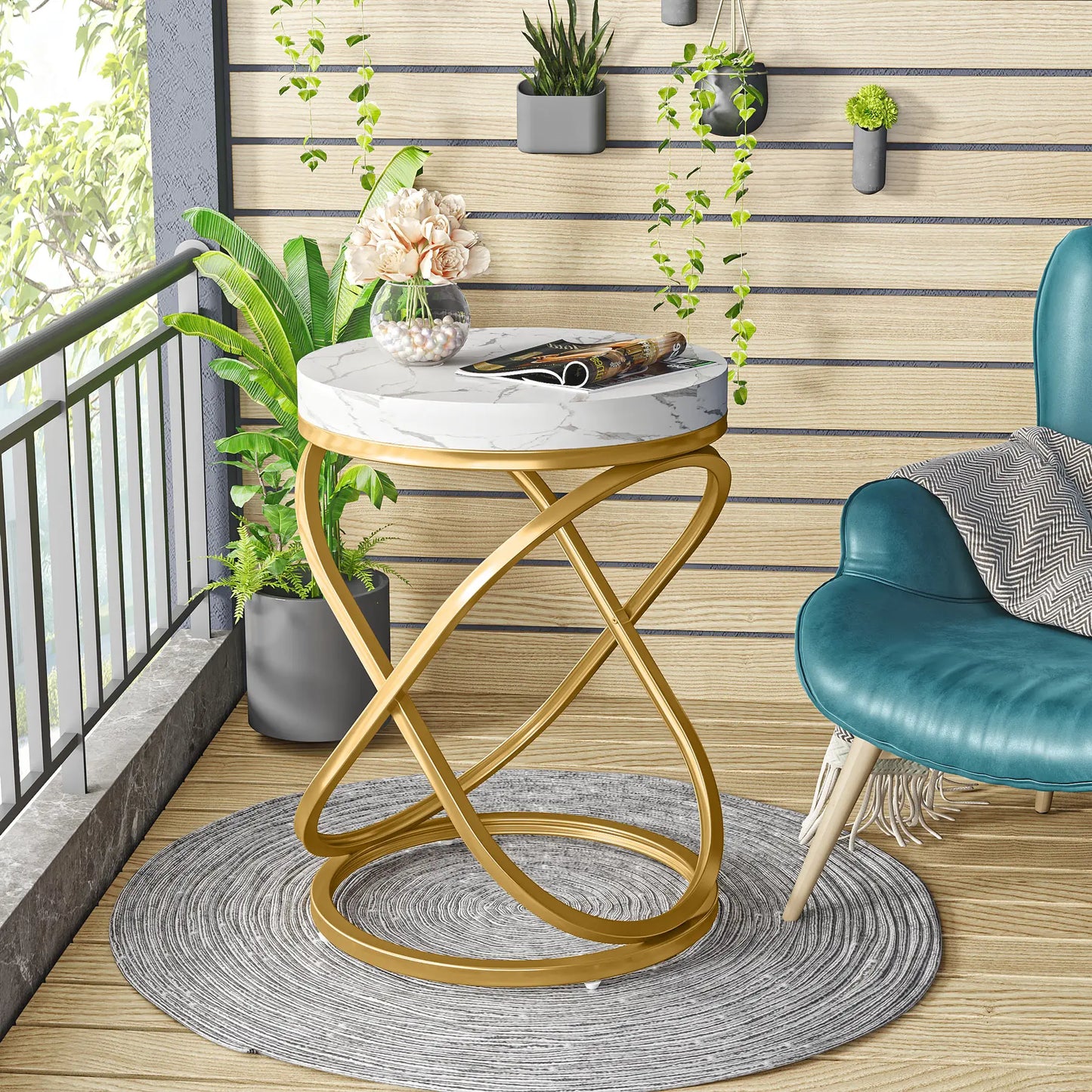 White & Gold Round Side Table with X-Shaped Legs