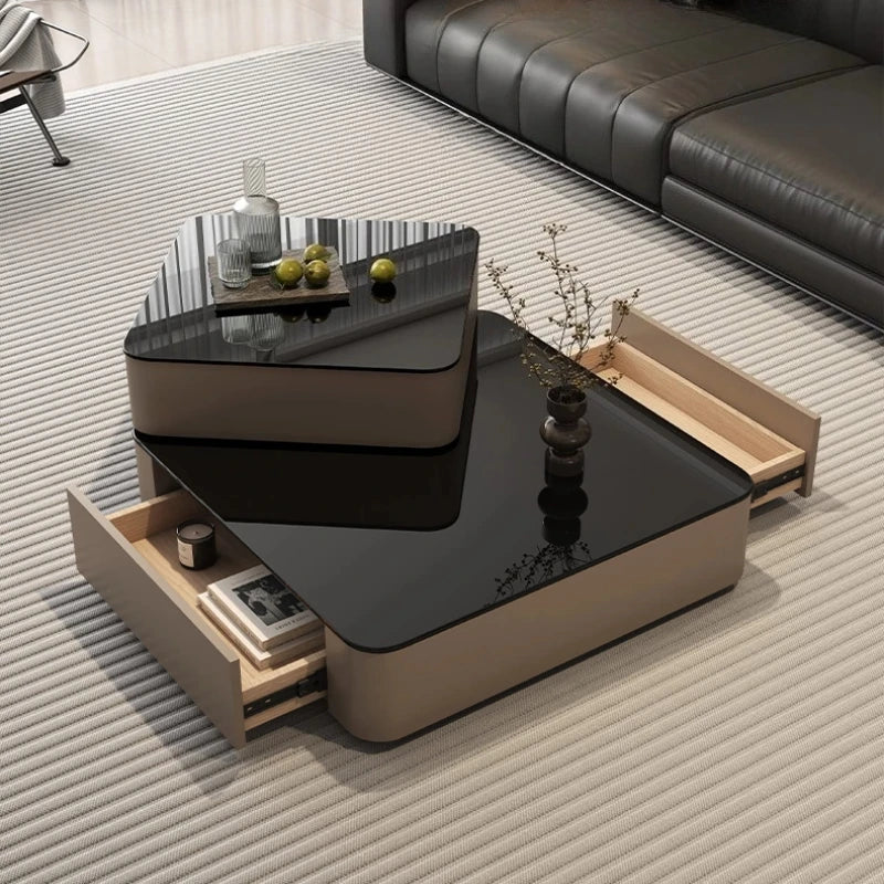Multifunctional Italian Coffee Table Rotating, Glass & Wood, Perfect for Living Rooms