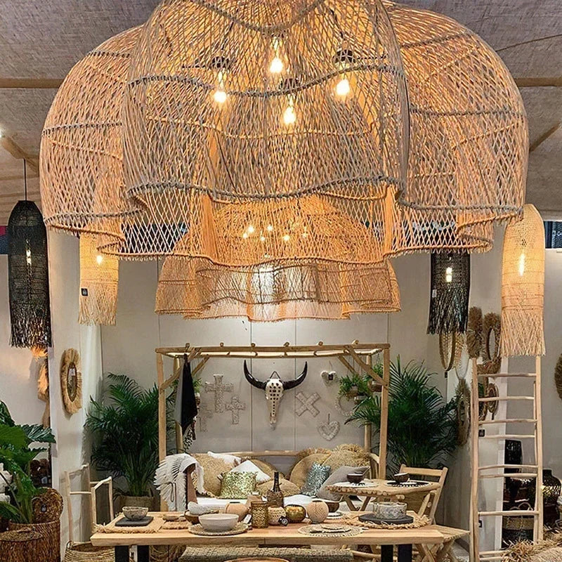 Luxury Rattan Chandelier – Japanese Retro Style Pendant Lighting for Living Rooms