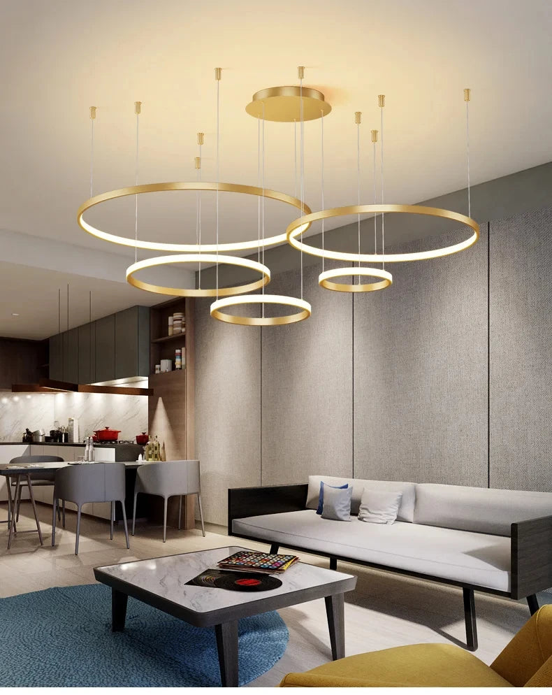Stylish Black Rings Chandelier with Dimmable Remote for Home & Dining