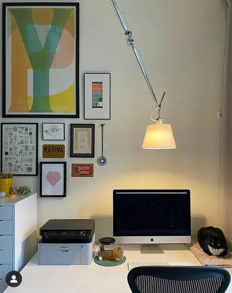 Cloth Lampshade Chandelier with Rotatable Long Arm for Restaurant, Bar, or Office
