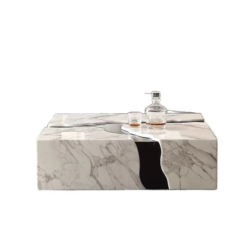 Square Marble Coffee Table With Water Flow Design for Living Room