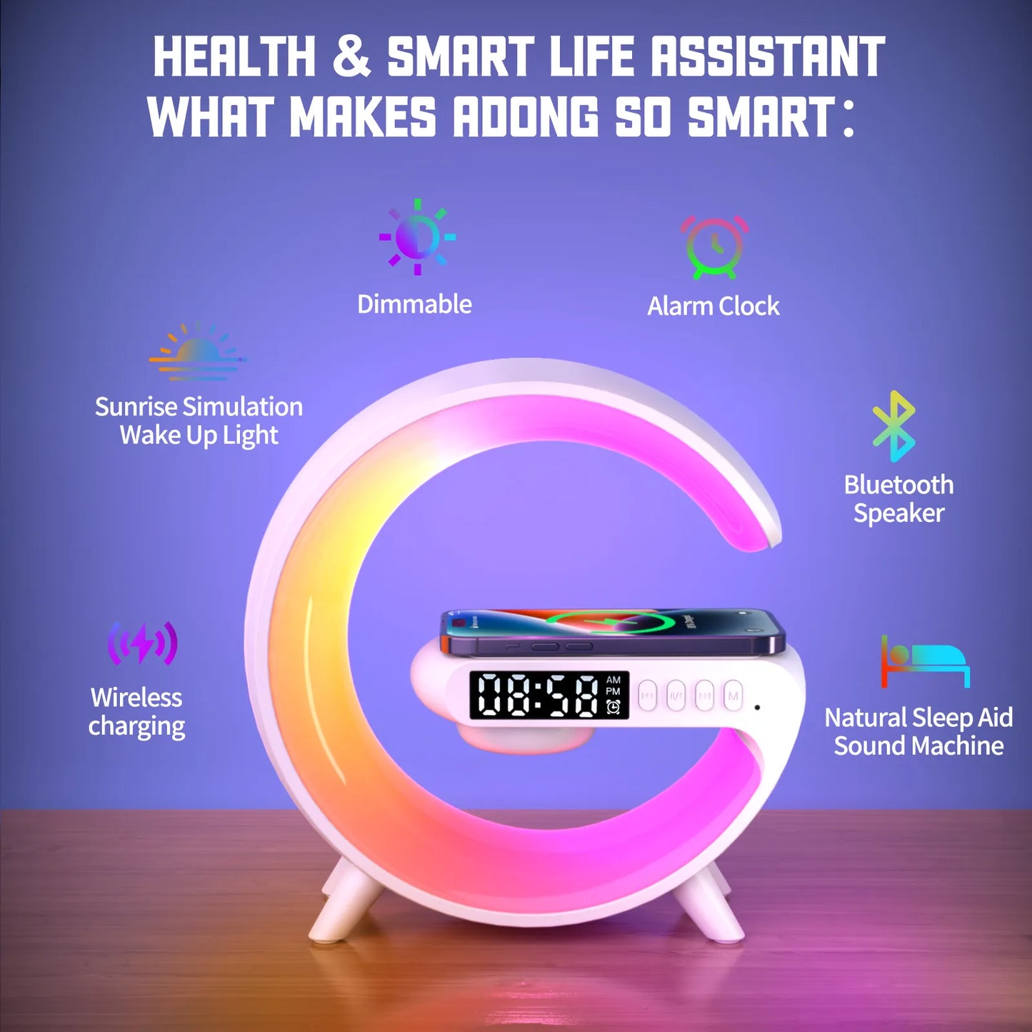 Led Smart Lamp with Alarm Clock, Bluetooth Speaker & Wireless Charging