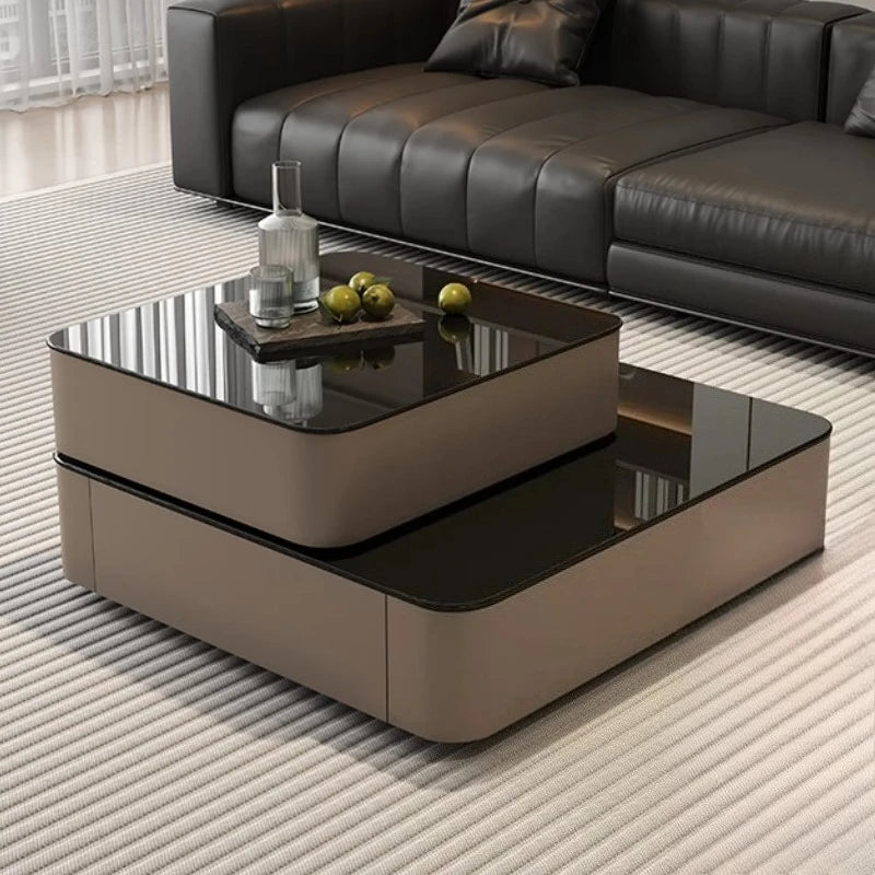 Multifunctional Italian Coffee Table Rotating, Glass & Wood, Perfect for Living Rooms