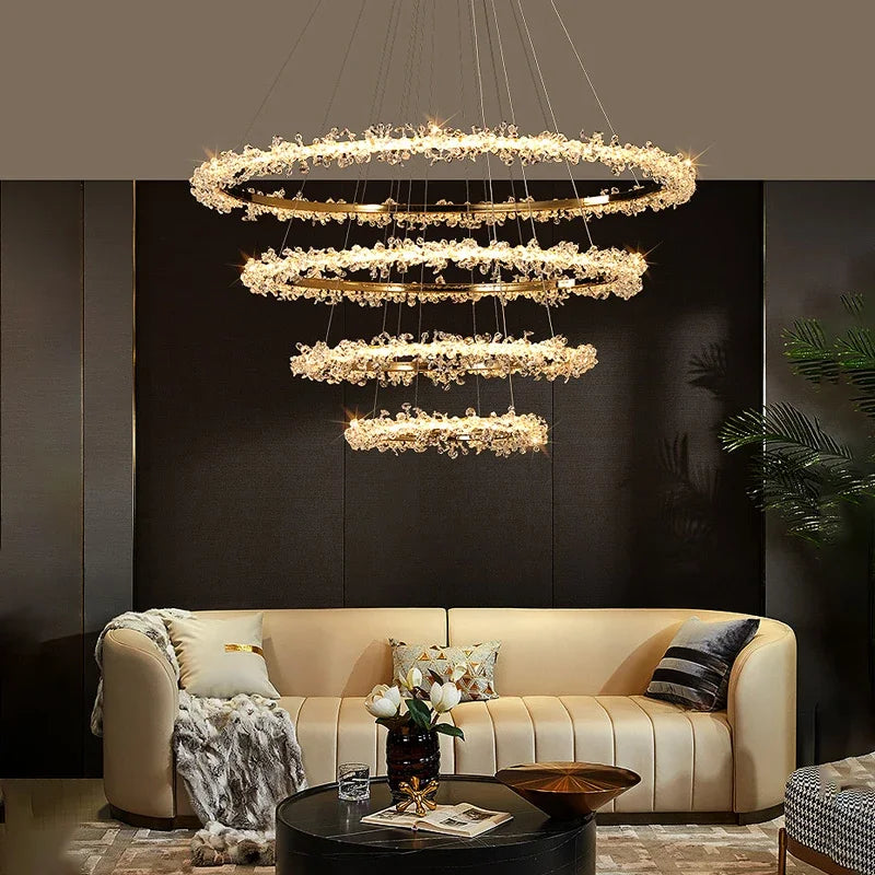 Luxury Crystal Ceiling Chandelier with Dimmable LED Rings for Stylish Interiors