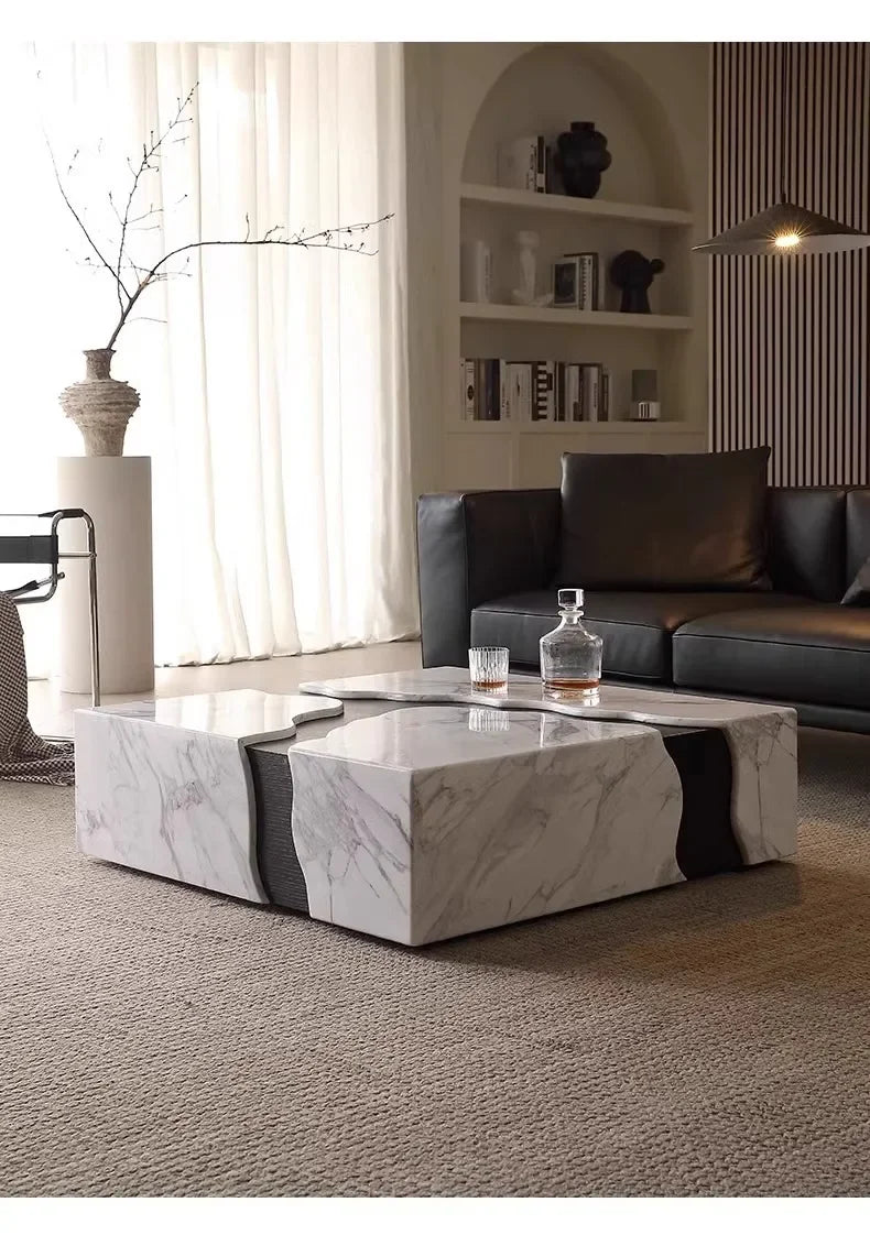 Square Marble Coffee Table With Water Flow Design for Living Room