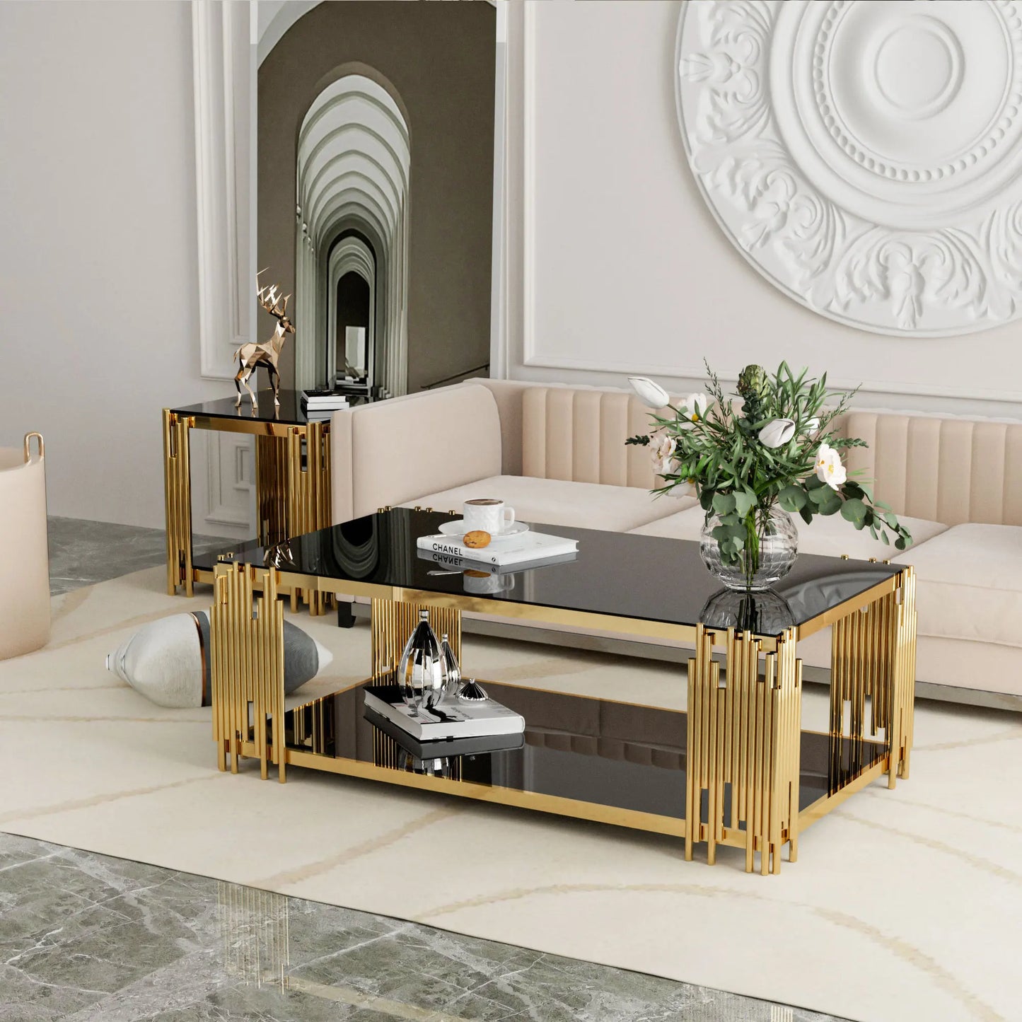 Stainless Steel Glass Coffee Table with Gold Accents