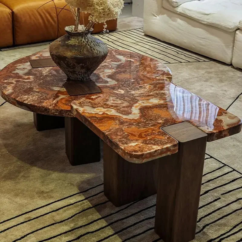 Red Marble Geometric Coffee Table Round & Square Fusion with wooden Base for Living Room