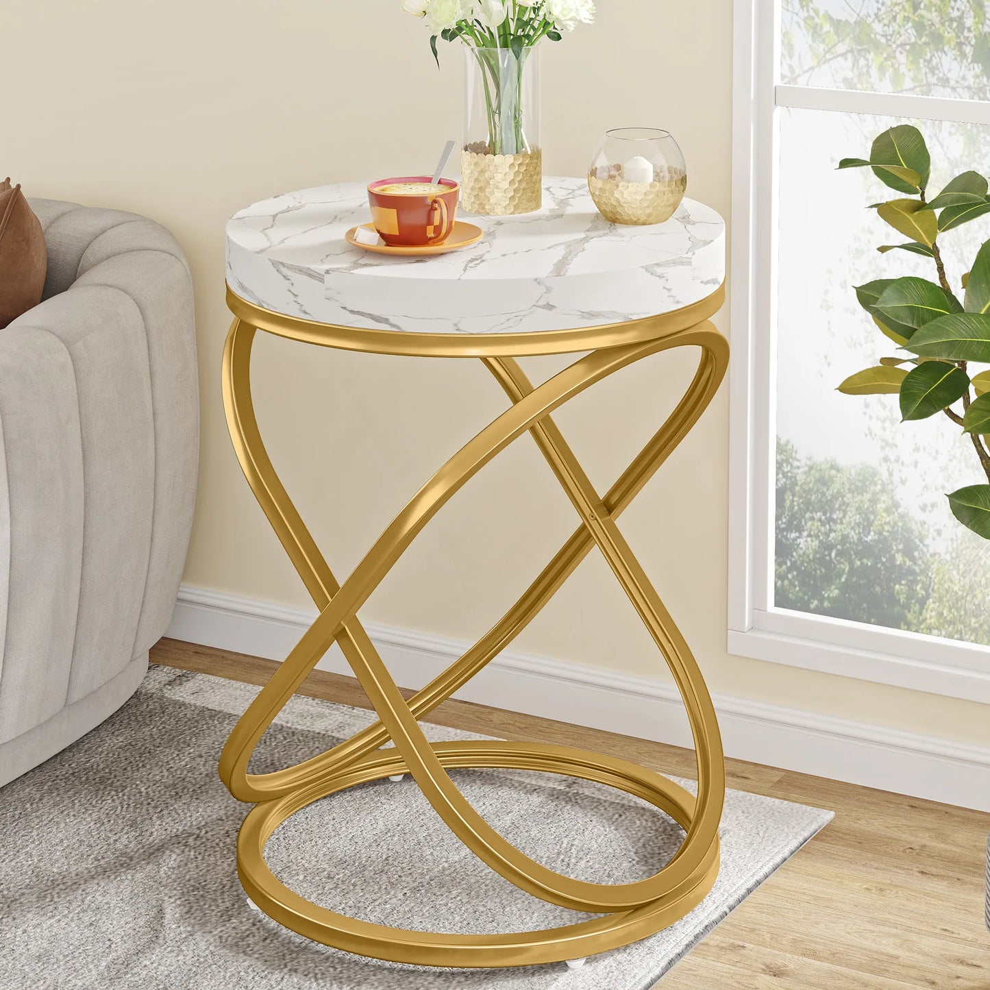White & Gold Round Side Table with X-Shaped Legs