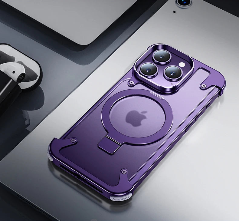 Sleek & Sturdy: Aluminum Alloy Magnetic Stand Rimless Phone Case for iPhone 13, 14, 15 Pro Max & 15 Plus!