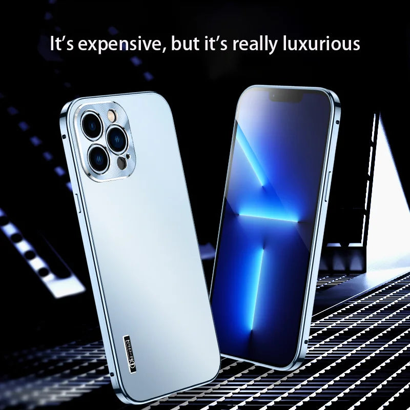 Frosted Luxury Metal Frame Case For iPhone 16-16 ProMax, 15, 12, 13, 14 Pro Max with Full Lens Coverage