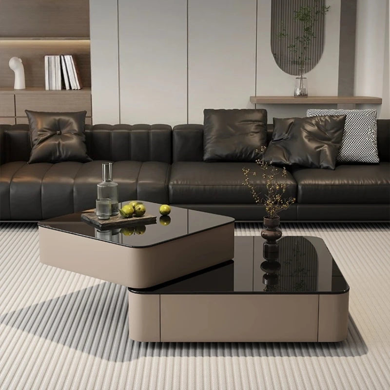Multifunctional Italian Coffee Table Rotating, Glass & Wood, Perfect for Living Rooms