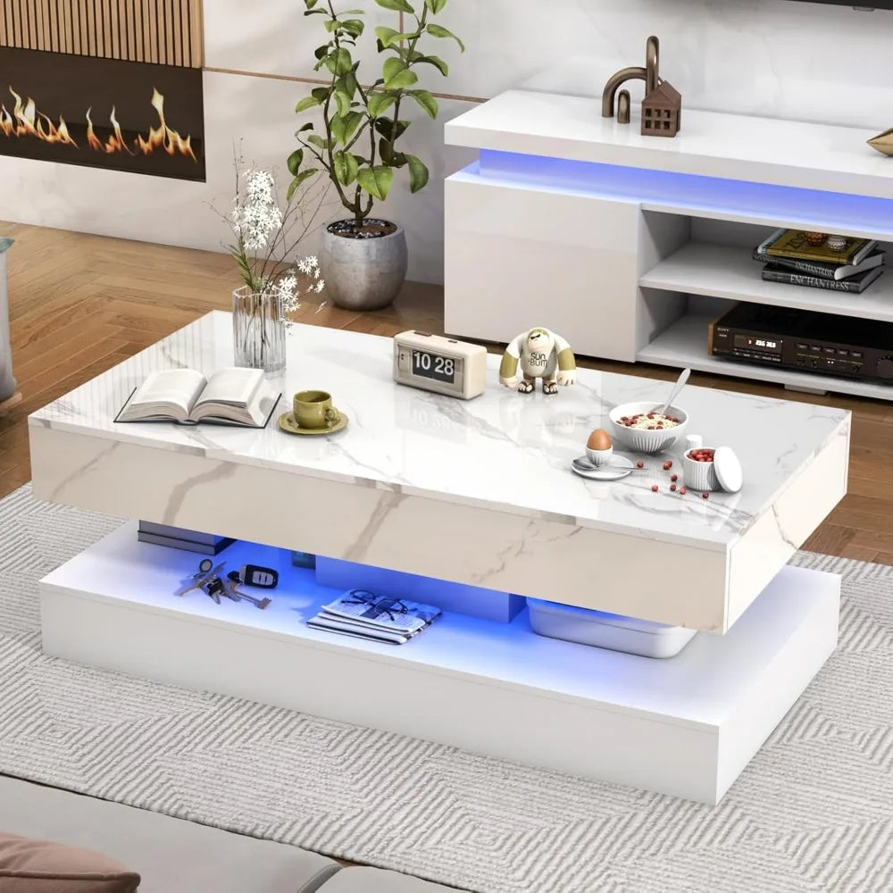 High Gloss LED Coffee Table with Marbling Print and Storage