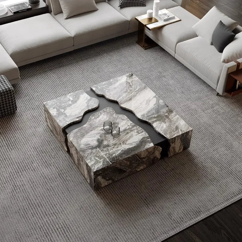 Square Marble Coffee Table With Water Flow Design for Living Room