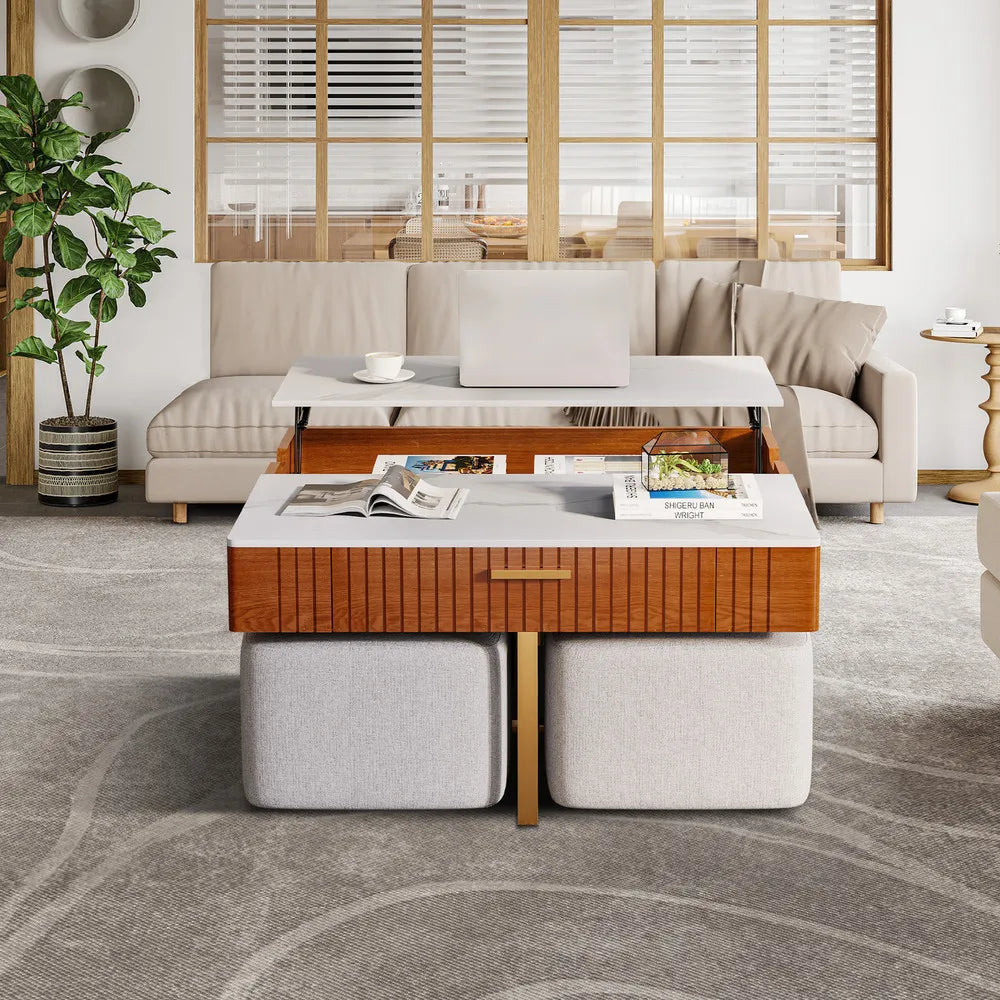 Luxury White Marble Coffee Table Set with Lift Top & 4 Stools Perfect for Modern Living Rooms