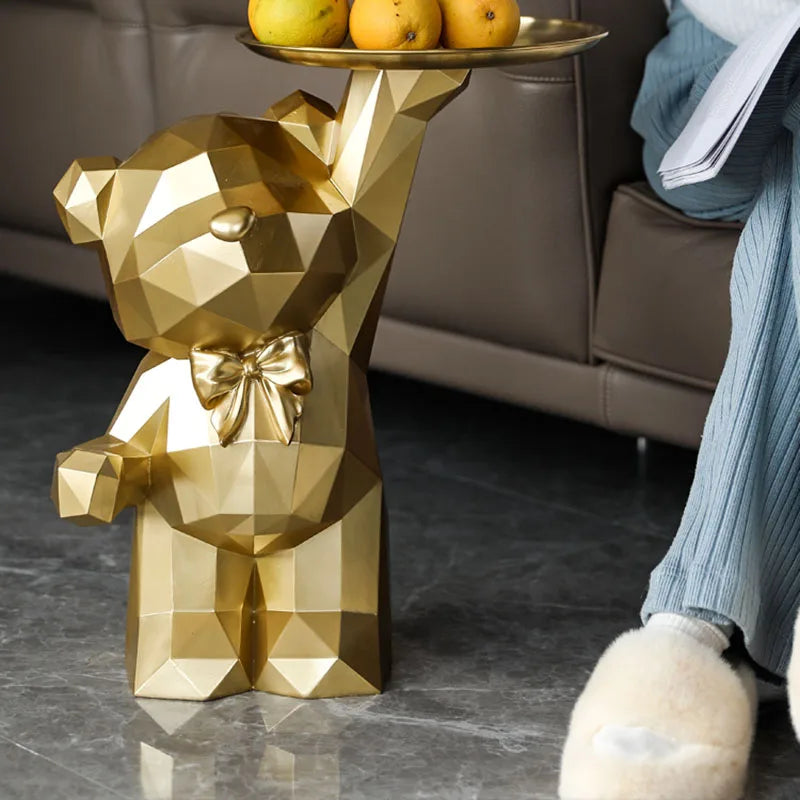 Geometric Cartoon Bear Sculpture with Tray – Stylish Animal Ornament for Modern Homes