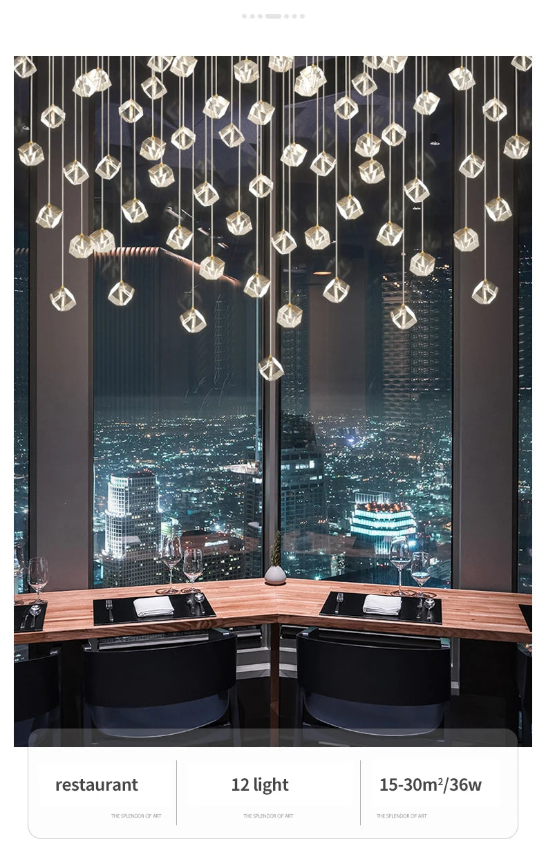 LED Square Crystal Chandelier for Hotels, Restaurants, and Staircases