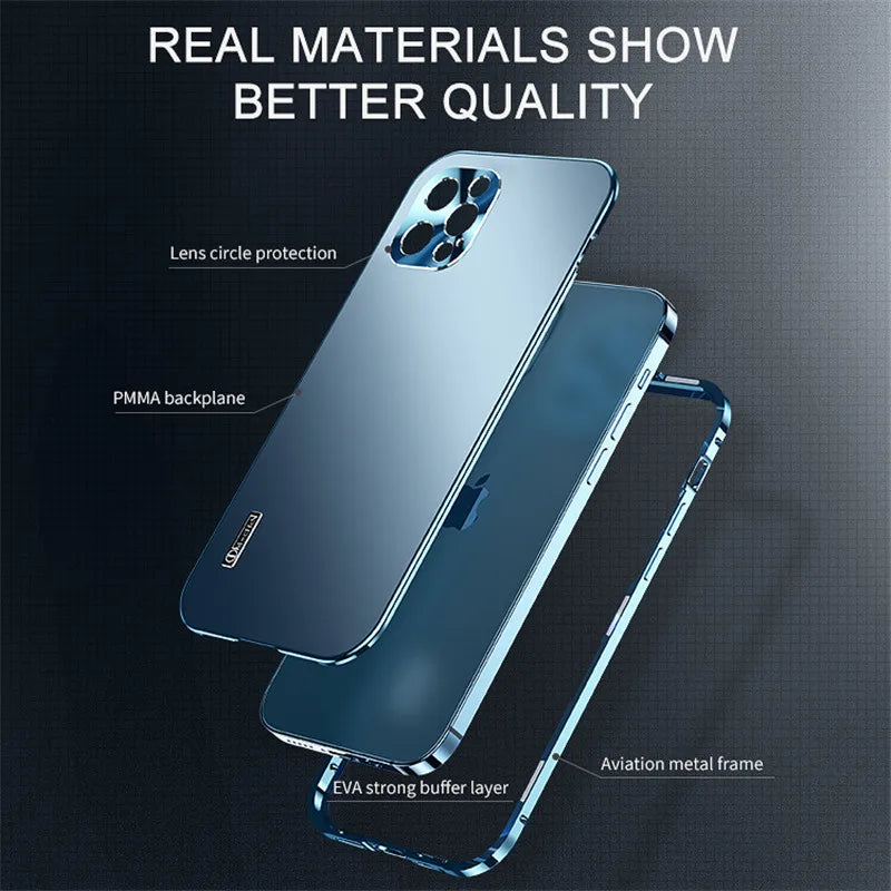 Frosted Luxury Metal Frame Case For iPhone 16-16 ProMax, 15, 12, 13, 14 Pro Max with Full Lens Coverage