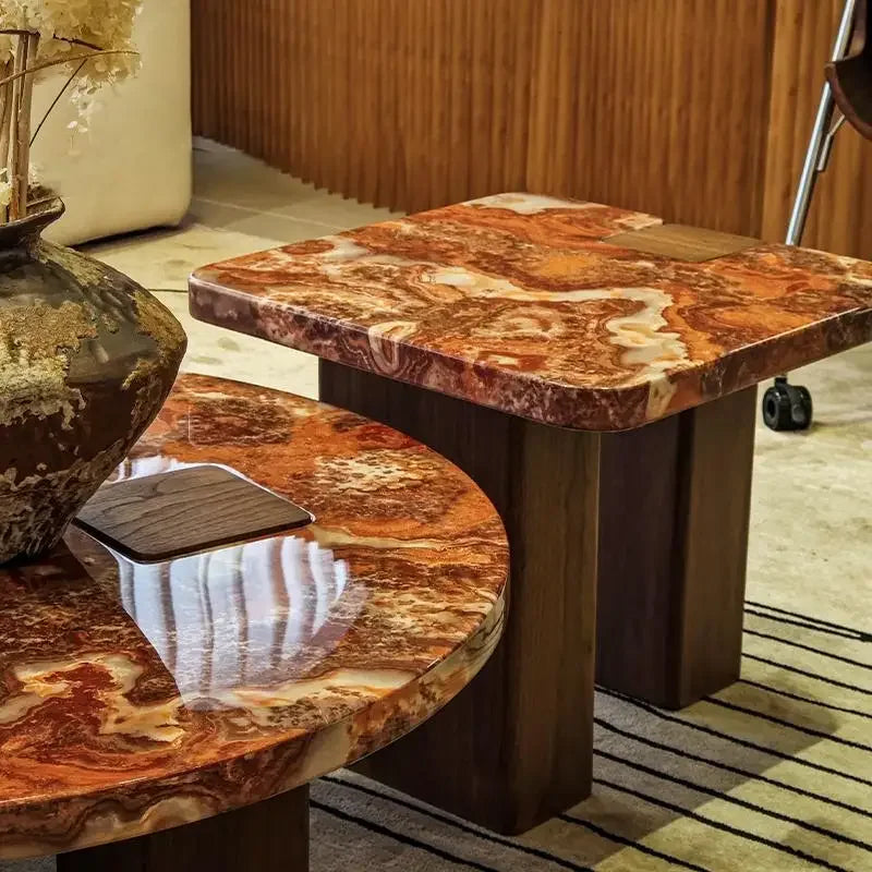Red Marble Geometric Coffee Table Round & Square Fusion with wooden Base for Living Room