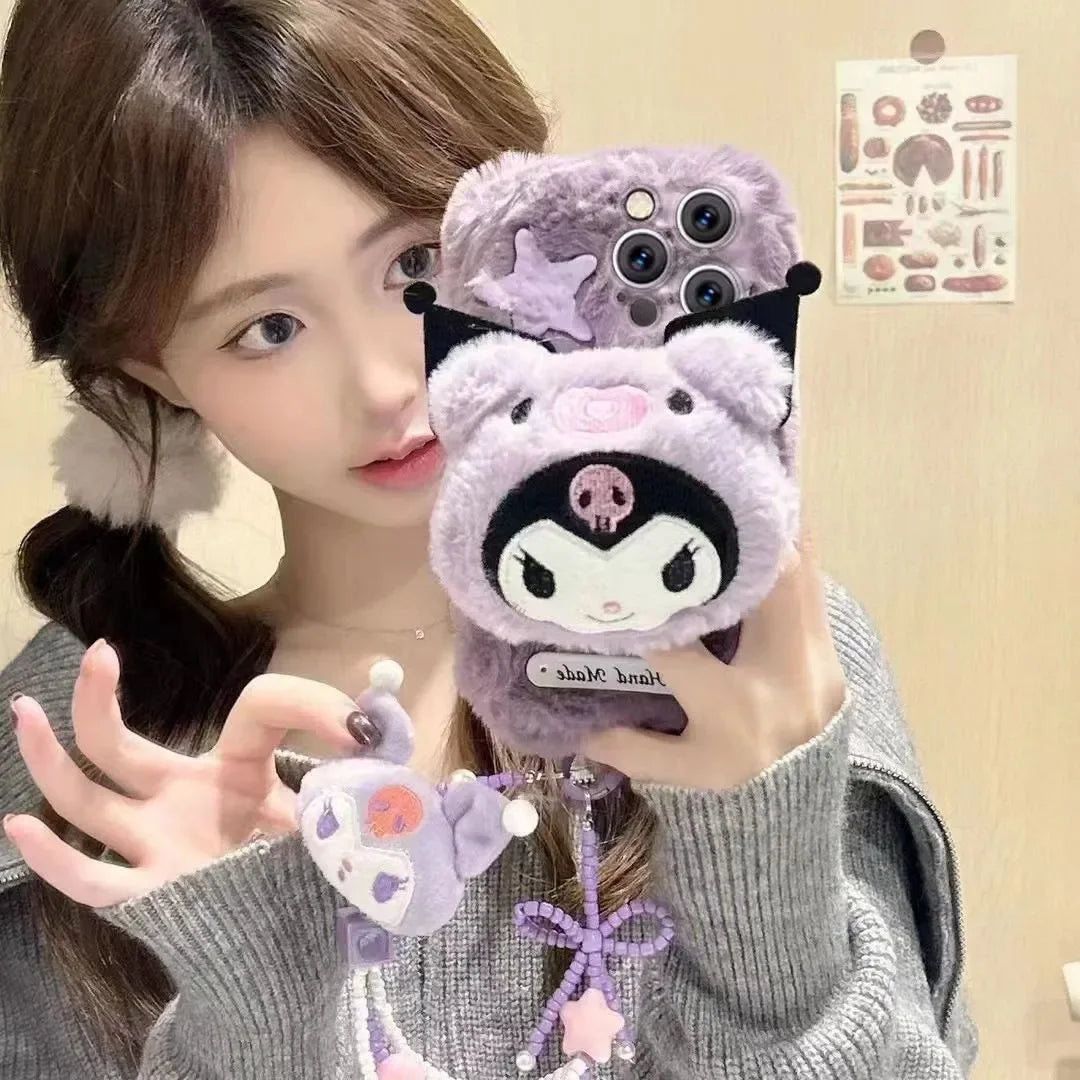 Adorable Sanrio Kuromi Plush Phone Case Cozy Winter Protection for iPhone 12-16 Pro Max Perfect Kawaii Gift