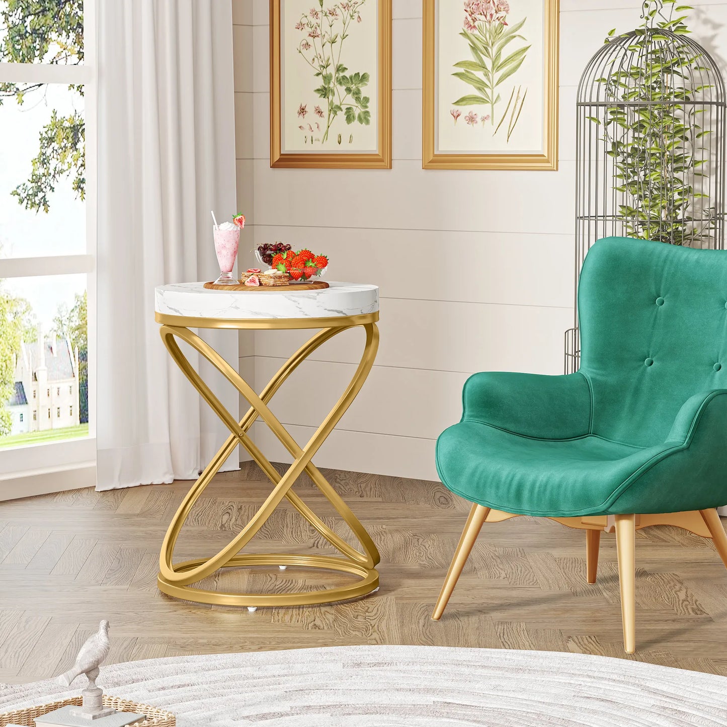 White & Gold Round Side Table with X-Shaped Legs